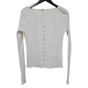 Free People Ribbed Cardigan Cream Button Front Stretch Size L